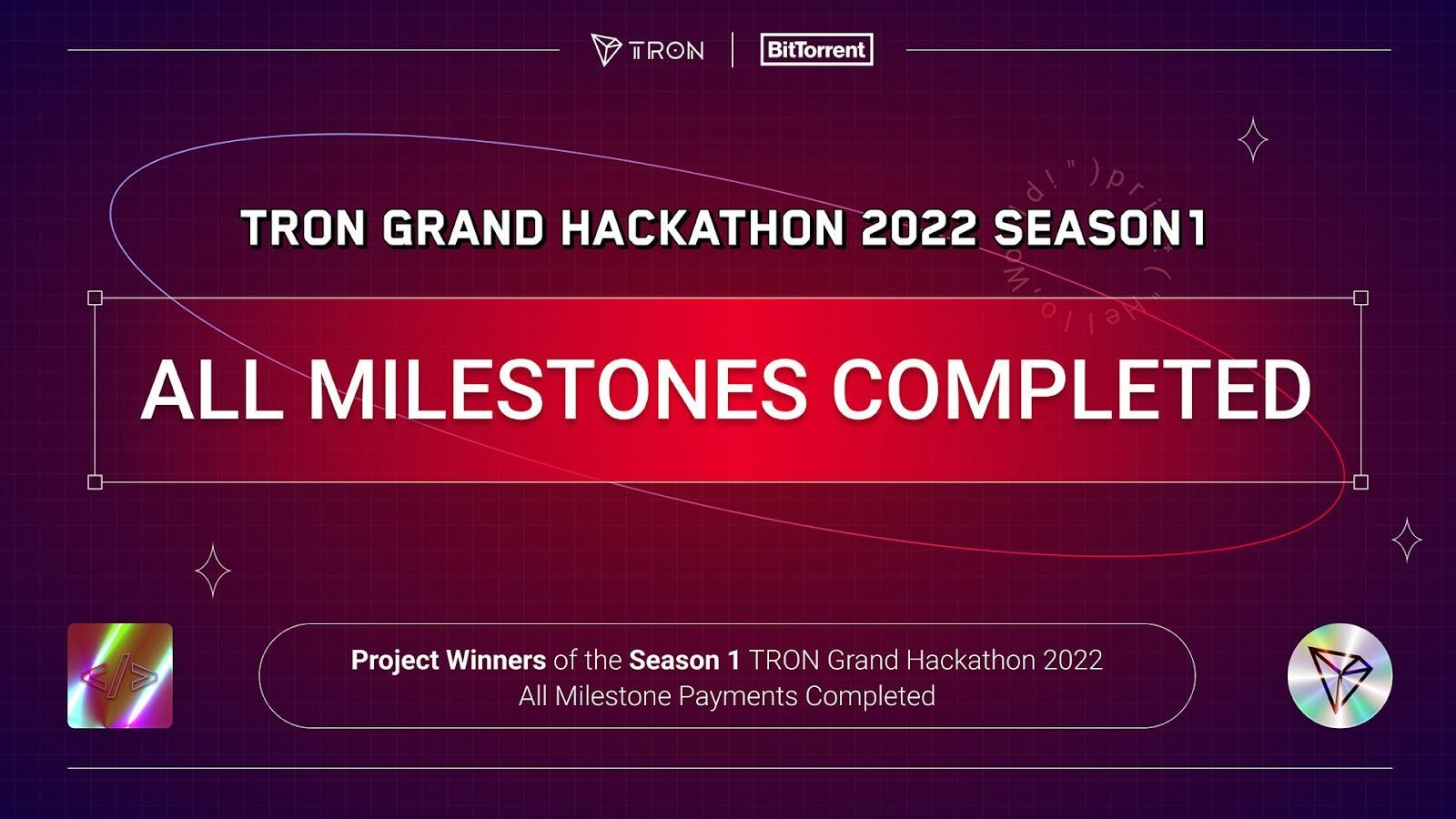 Project Winners of the TRON Grand Hackathon 2022 Season 1 Milestone Payments Completed